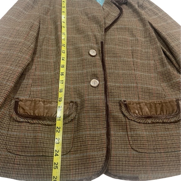 J. Jill Brown/Tweed Wool Plaid Velvet Trim Blazer Jacket Pearl buttons Sz 12 - Picture 8 of 13